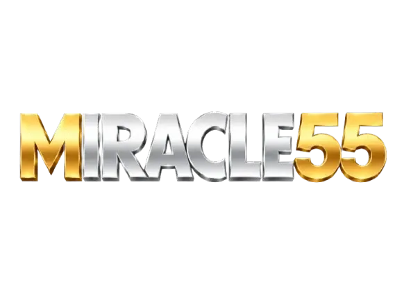โลโก้ MIRACLE55 ตัวอักษร MI สีทองสามมิติเงาวาว ต่อด้วยคำว่า RACLE สีเงินโครเมียม และตัวเลข 55 สีทองสามมิติ เรียงติดกันเป็นบรรทัดเดียวบนพื้นโปร่ง